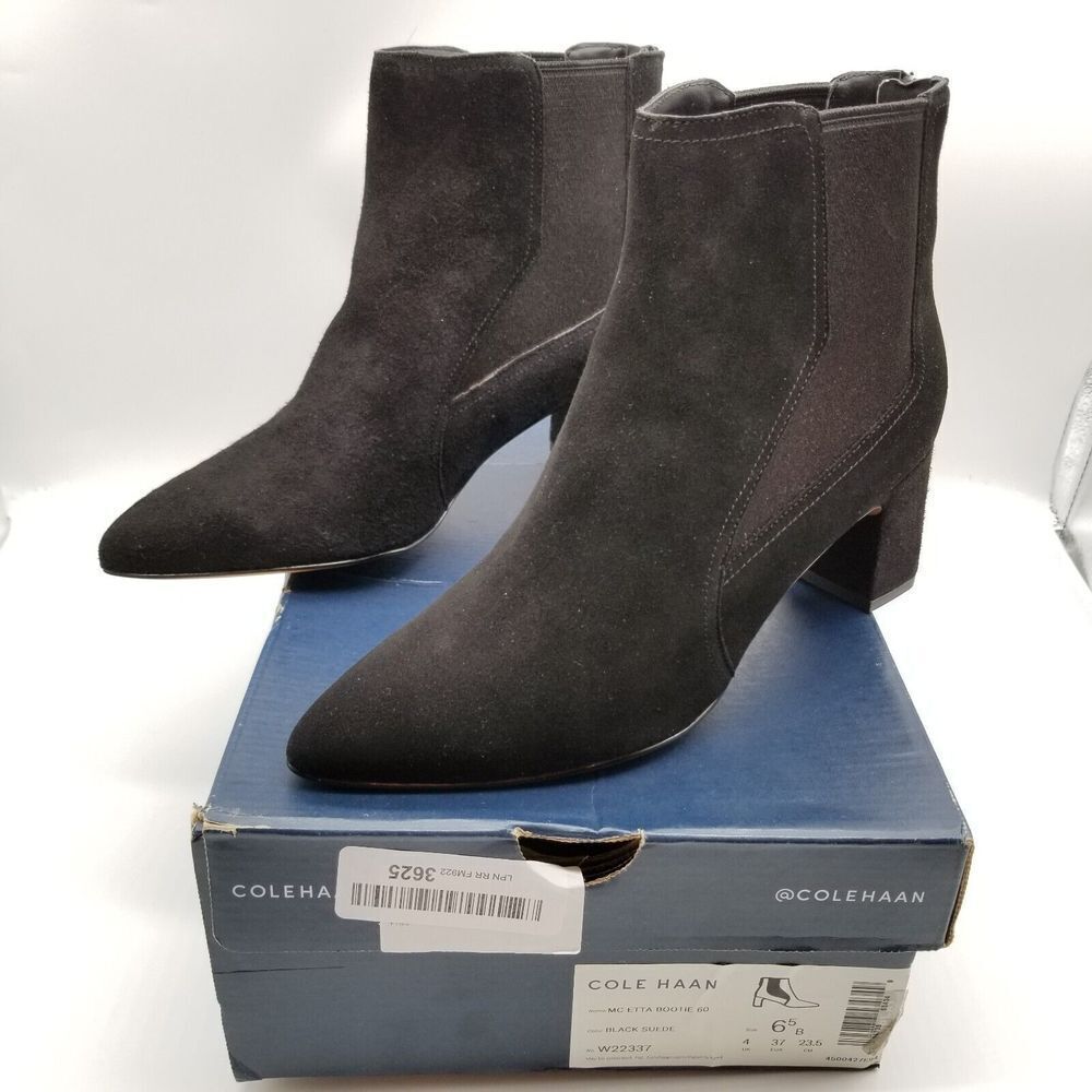Cole Haan Women's Etta Pointed Toe Booties 60mm Size 6.5 Black Suede Heeled
